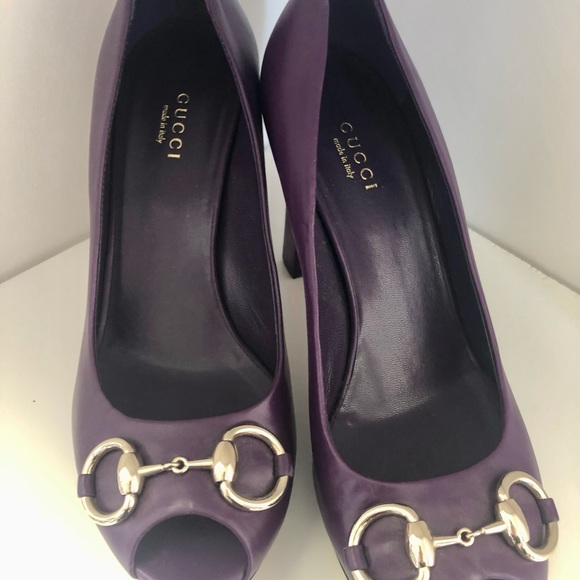 Purple Gucci Horsebit Leather Peep Toe Pumps - Picture 6 of 7
